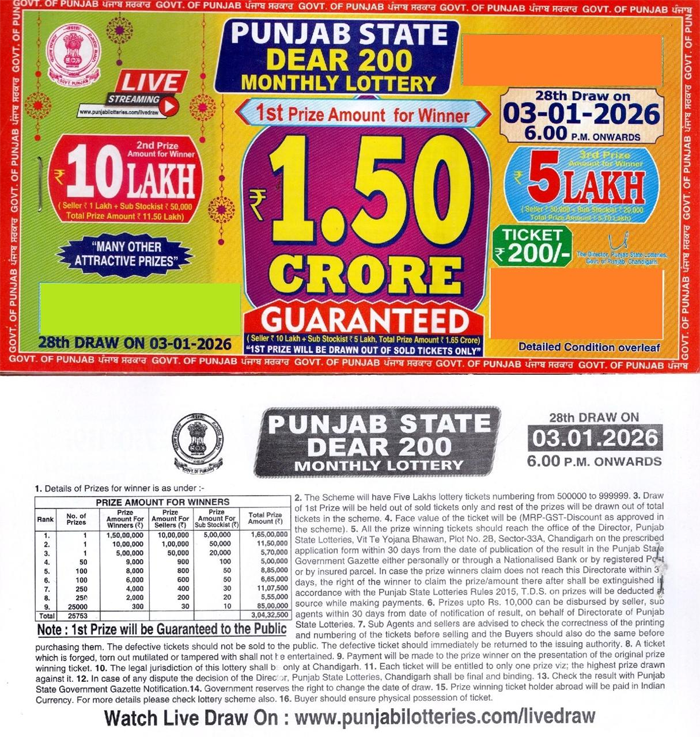 Punjab 200 Monthly Lottery January 2026