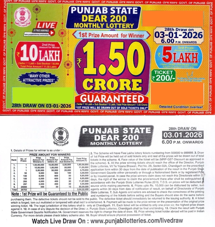 Punjab Dear 200 Monthly Lottery Jan 2026 brochure